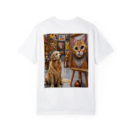 Golden Retriever Admires Cat Painting Art Gallery