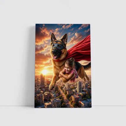 German Shepherd Superhero Flying Over City