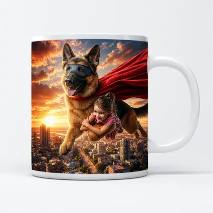 German Shepherd Superhero Flying Over City