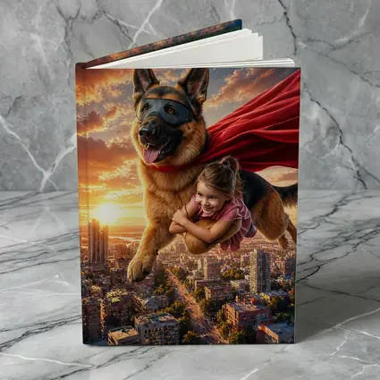 German Shepherd Superhero Flying Over City