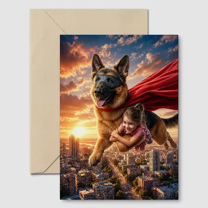 German Shepherd Superhero Flying Over City