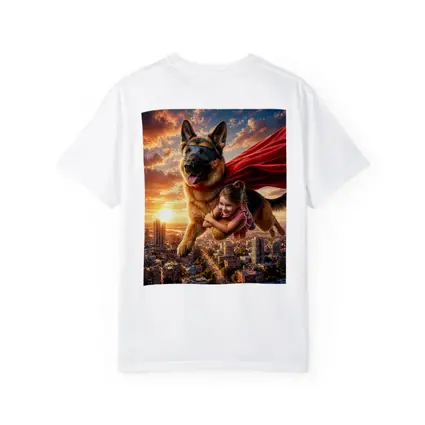 German Shepherd Superhero Flying Over City