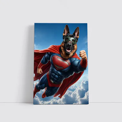 German Shepherd Superhero Flying Above Clouds