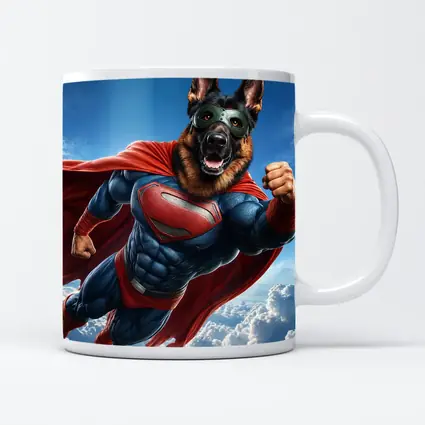 German Shepherd Superhero Flying Above Clouds