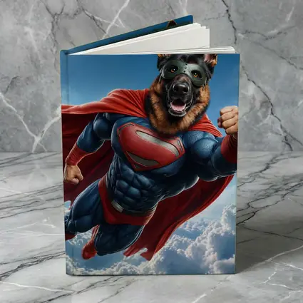 German Shepherd Superhero Flying Above Clouds