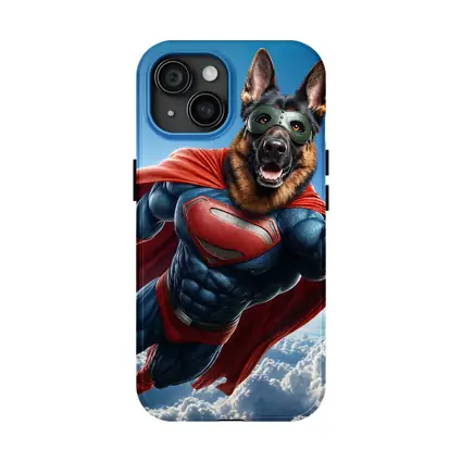 German Shepherd Superhero Flying Above Clouds