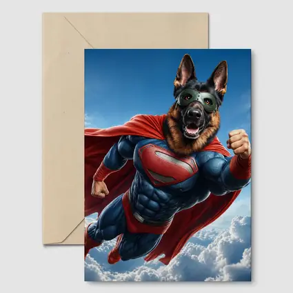 German Shepherd Superhero Flying Above Clouds