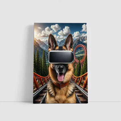 German Shepherd Wearing VR Headset Mountains Background