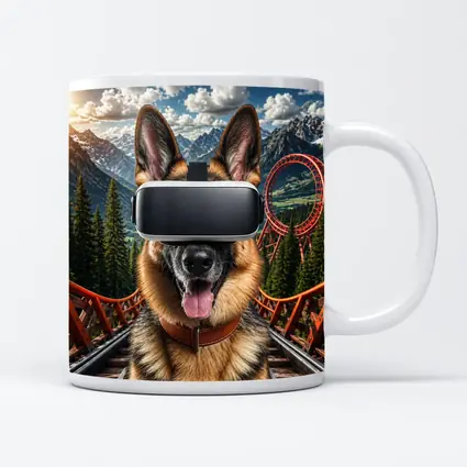 German Shepherd Wearing VR Headset Mountains Background