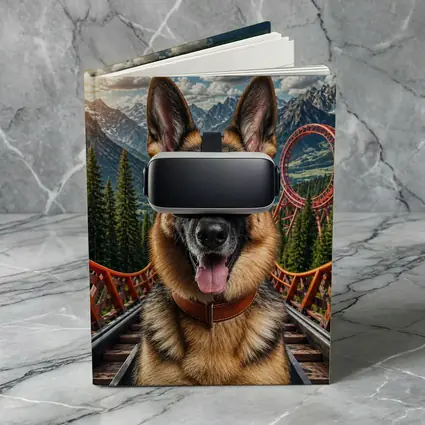 German Shepherd Wearing VR Headset Mountains Background