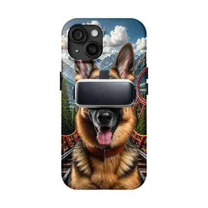 German Shepherd Wearing VR Headset Mountains Background