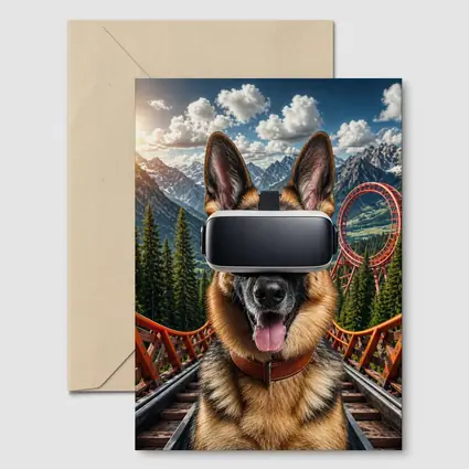 German Shepherd Wearing VR Headset Mountains Background