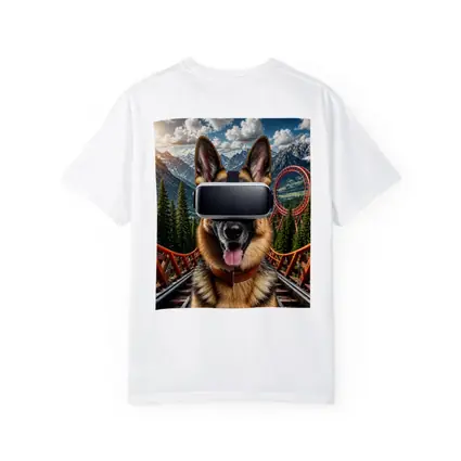 German Shepherd Wearing VR Headset Mountains Background