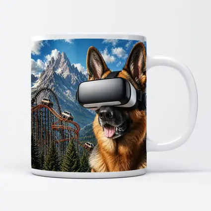German Shepherd Wearing VR Headset Mountain Background