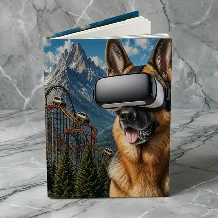 German Shepherd Wearing VR Headset Mountain Background