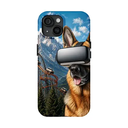 German Shepherd Wearing VR Headset Mountain Background
