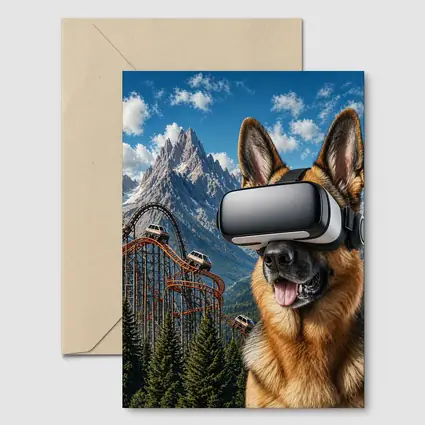 German Shepherd Wearing VR Headset Mountain Background