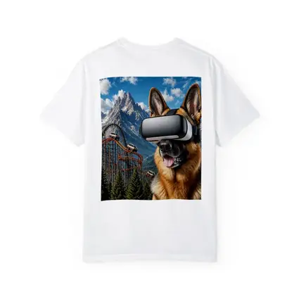 German Shepherd Wearing VR Headset Mountain Background
