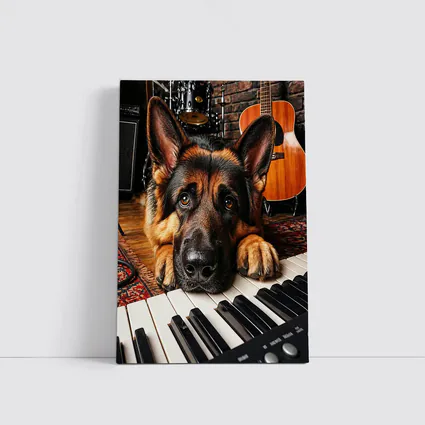 German Shepherd Resting on Piano Keys Studio