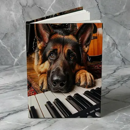 German Shepherd Resting on Piano Keys Studio