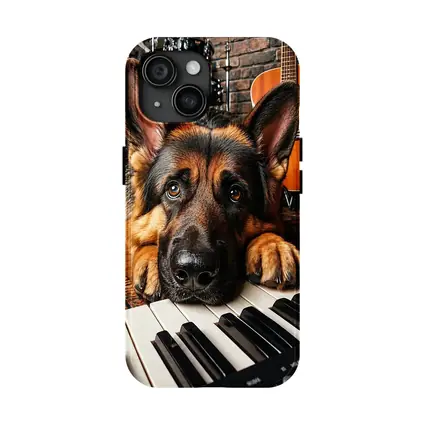 German Shepherd Resting on Piano Keys Studio