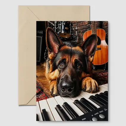 German Shepherd Resting on Piano Keys Studio