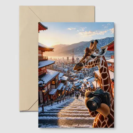 Giraffe Photographer Exploring Snowy Japan City