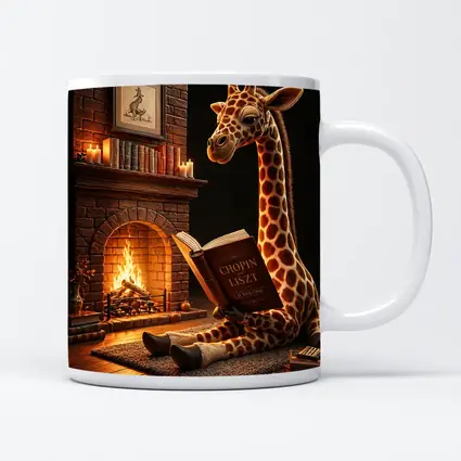 Giraffe Reading Book by Cozy Fireplace