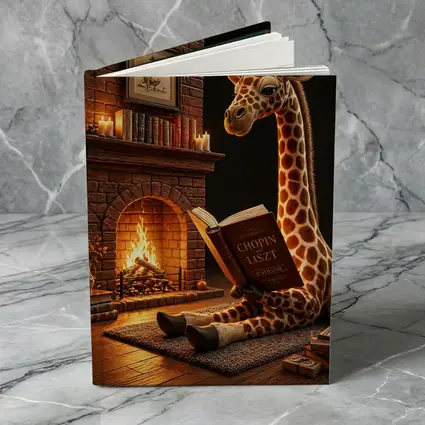 Giraffe Reading Book by Cozy Fireplace