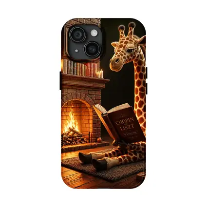 Giraffe Reading Book by Cozy Fireplace