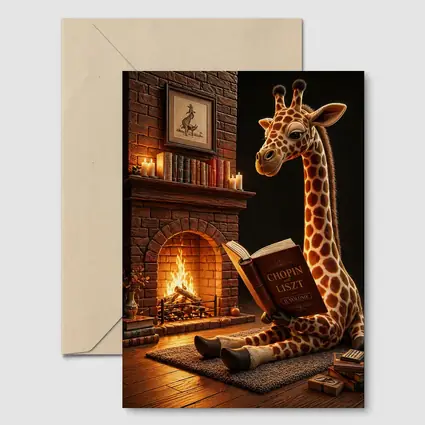 Giraffe Reading Book by Cozy Fireplace