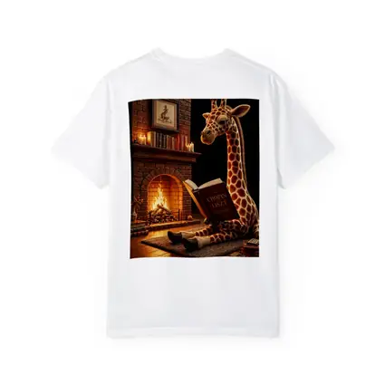 Giraffe Reading Book by Cozy Fireplace