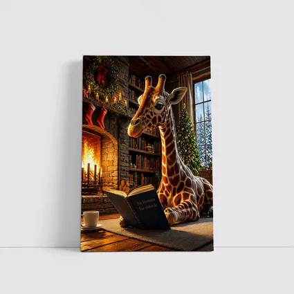 Giraffe Reading Book by Christmas Fireplace