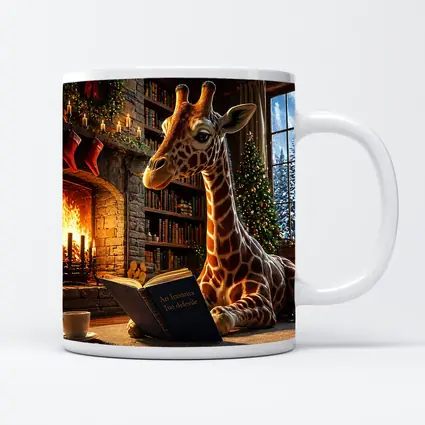 Giraffe Reading Book by Christmas Fireplace