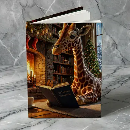 Giraffe Reading Book by Christmas Fireplace