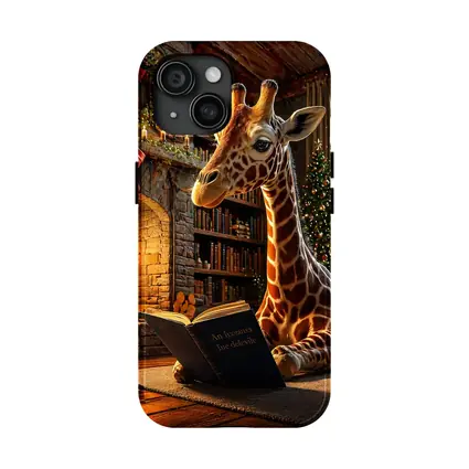 Giraffe Reading Book by Christmas Fireplace
