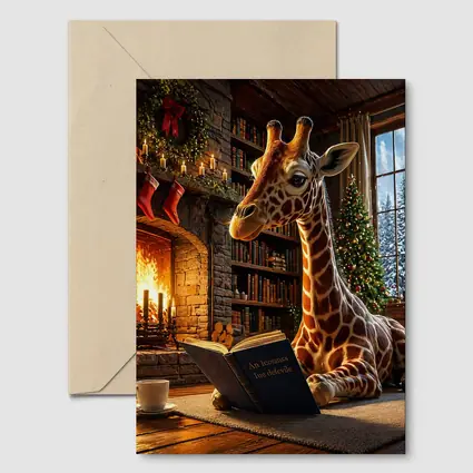 Giraffe Reading Book by Christmas Fireplace