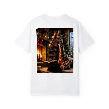 Giraffe Reading Book by Christmas Fireplace
