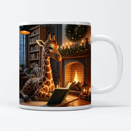 Giraffe Reading Book By Christmas Fireplace