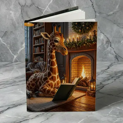 Giraffe Reading Book By Christmas Fireplace