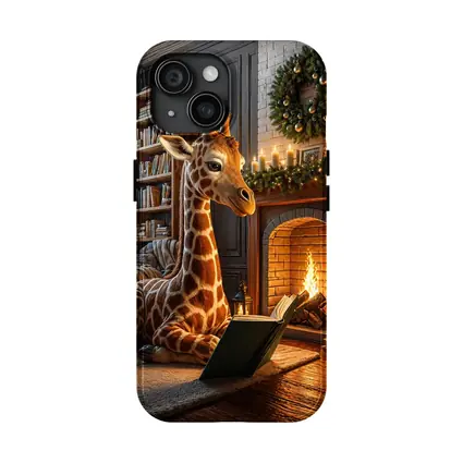 Giraffe Reading Book By Christmas Fireplace