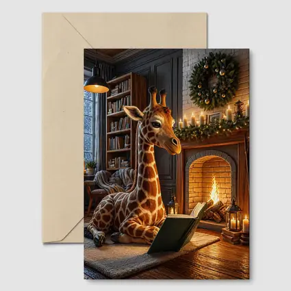 Giraffe Reading Book By Christmas Fireplace
