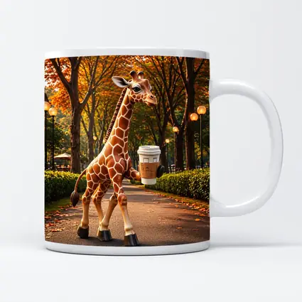 Giraffe Holding Coffee Walking Autumn Park