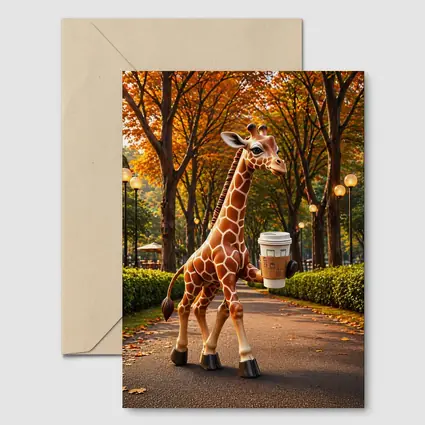 Giraffe Holding Coffee Walking Autumn Park