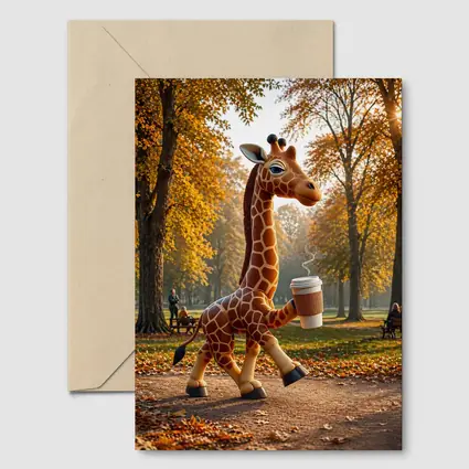 Giraffe Holding Coffee Cup Autumn Park