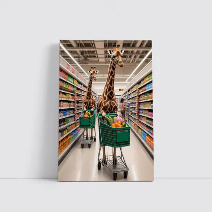 Giraffes Shopping in Colorful Grocery Store Aisle