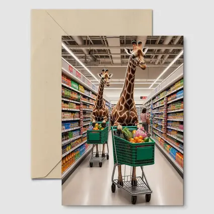 Giraffes Shopping in Colorful Grocery Store Aisle