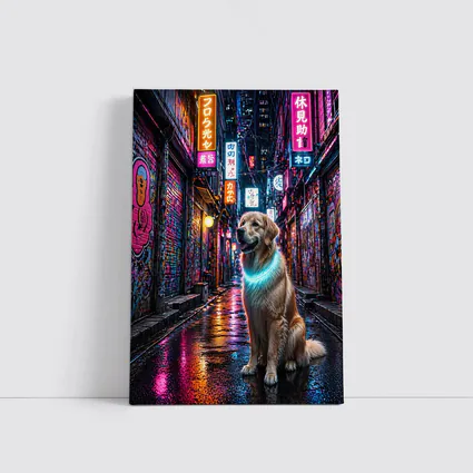 Golden Retriever Glowing Neon Cyberpunk City Alley