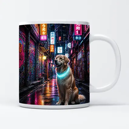 Golden Retriever Glowing Neon Cyberpunk City Alley