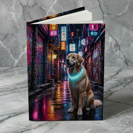 Golden Retriever Glowing Neon Cyberpunk City Alley